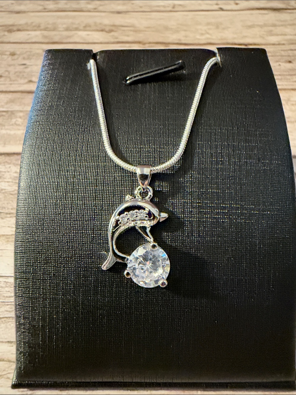 S925 Sterling Silver Dolphin Pendant Necklace with Clear Crystal Accent